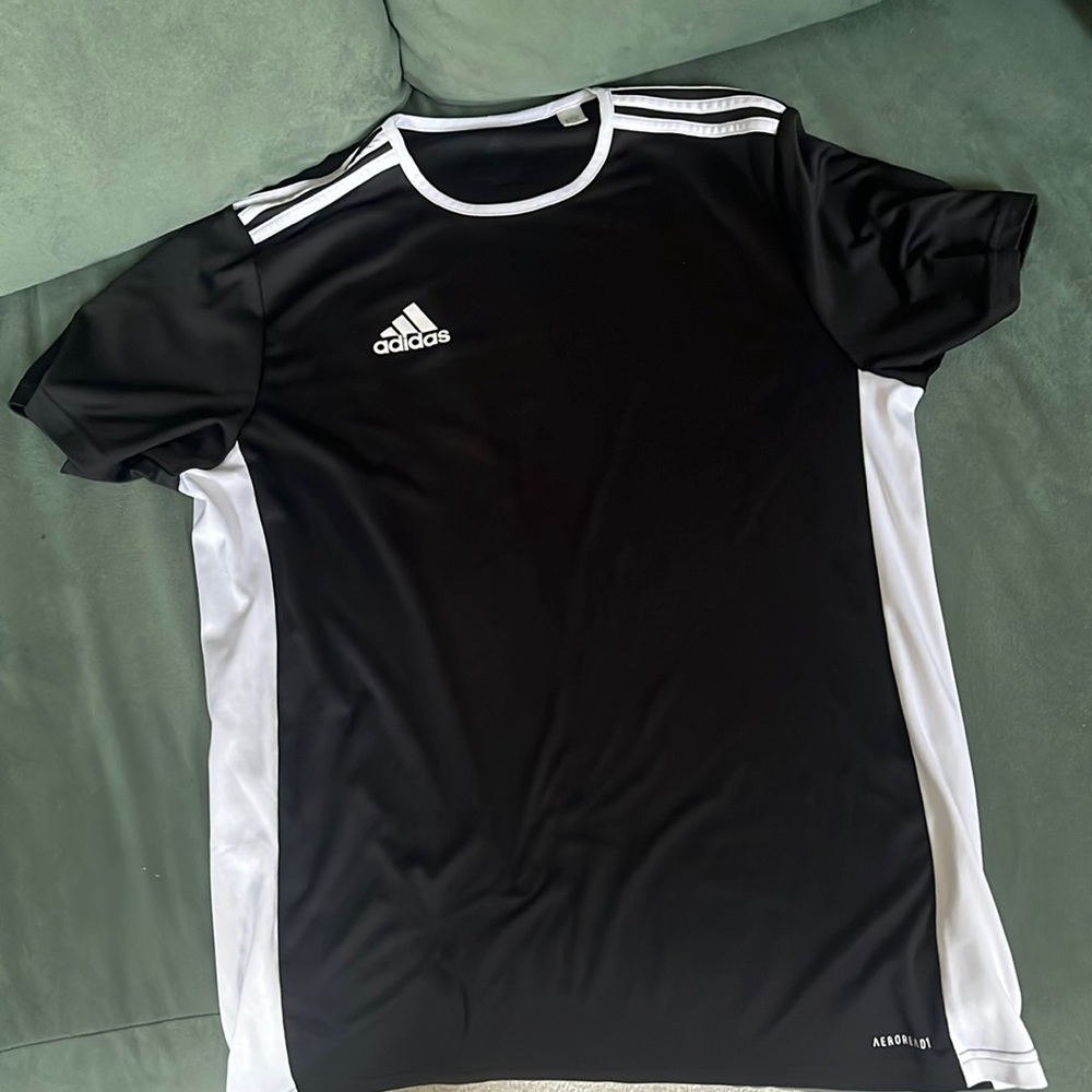 Medium black adidas shirt with white stripes